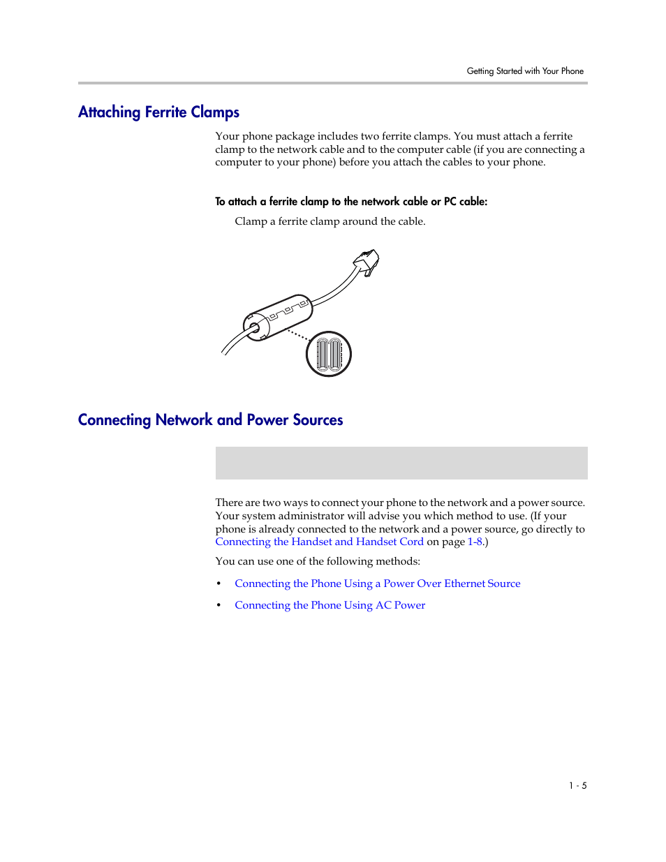 Attaching ferrite clamps, Connecting network and power sources, Connecting | Network and power sources | Polycom VVX 1500 D User Manual | Page 13 / 210