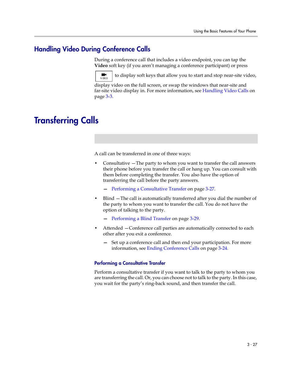 Handling video during conference calls, Transferring calls, Handling video during conference calls -27 | Transferring calls -27 | Polycom VVX 1500 D User Manual | Page 137 / 210