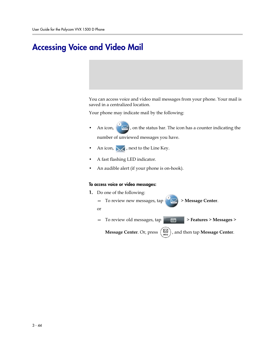 Accessing voice and video mail, Accessing voice and video mail -44 | Polycom VVX 1500 D User Manual | Page 154 / 210