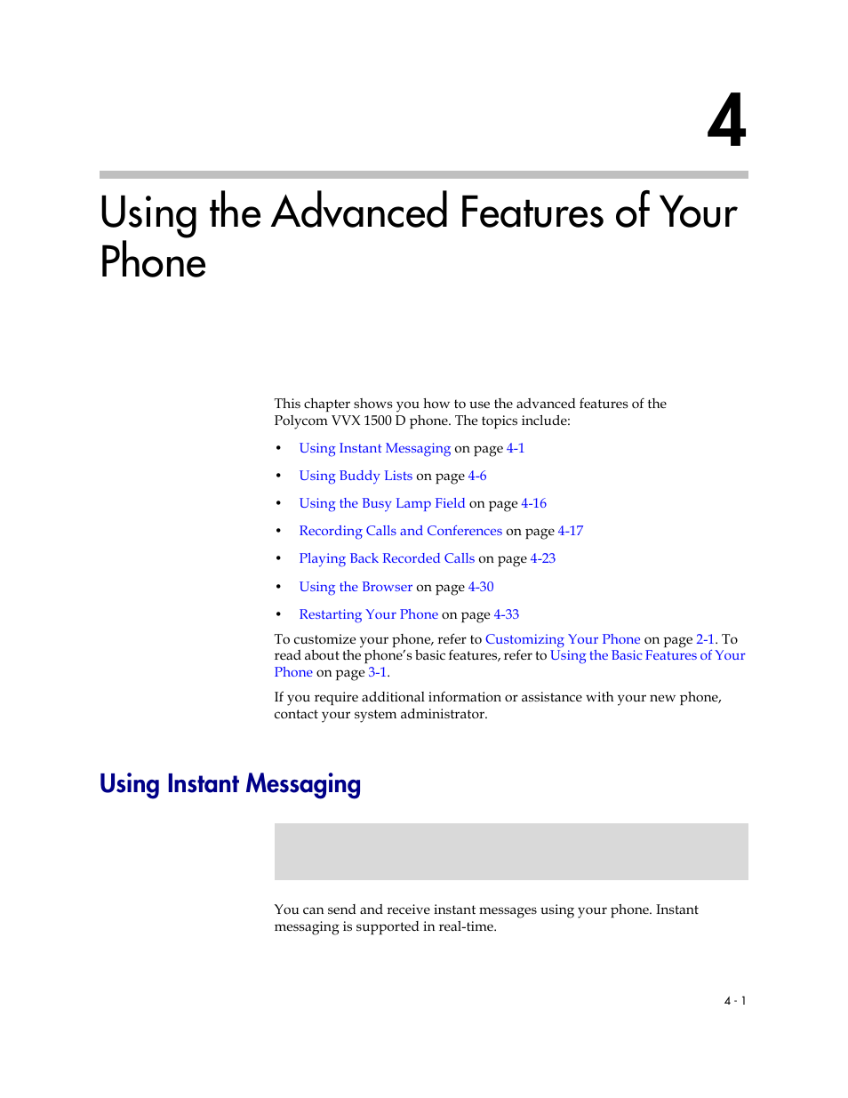Using the advanced features of your phone, Using instant messaging, 4 using the advanced features of your phone -1 | Using instant messaging -1, Using the, Advanced features of your phone, Using the advanced features of, Your phone | Polycom VVX 1500 D User Manual | Page 157 / 210