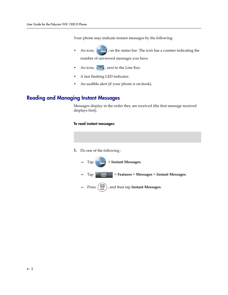 Reading and managing instant messages, Reading and managing instant messages -2 | Polycom VVX 1500 D User Manual | Page 158 / 210