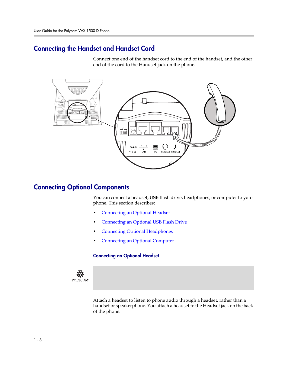 Connecting the handset and handset cord, Connecting optional components, Connecting the handset and handset | Cord | Polycom VVX 1500 D User Manual | Page 16 / 210