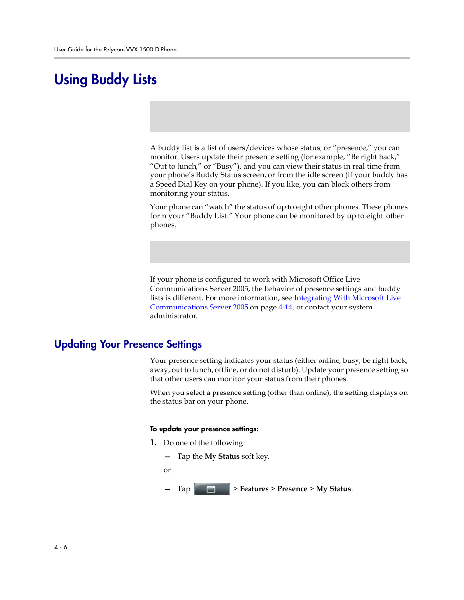 Using buddy lists, Updating your presence settings, Using buddy lists -6 | Updating your presence settings -6 | Polycom VVX 1500 D User Manual | Page 162 / 210