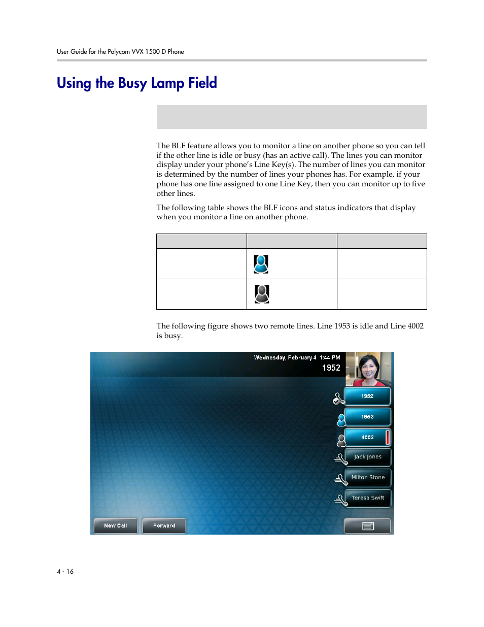 Using the busy lamp field, Using the busy lamp field -16 | Polycom VVX 1500 D User Manual | Page 172 / 210