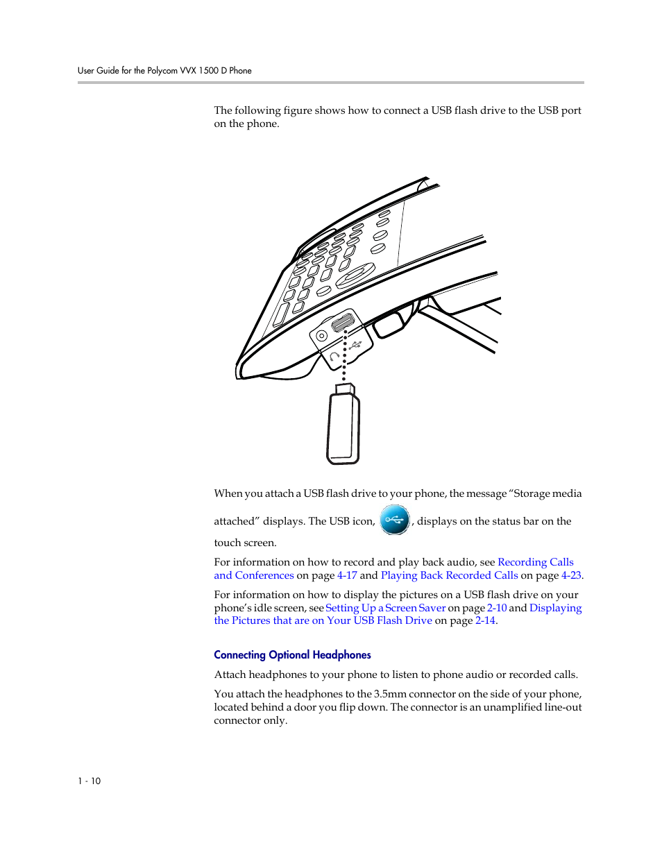 Connecting optional headphones | Polycom VVX 1500 D User Manual | Page 18 / 210