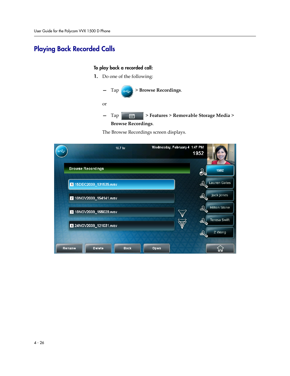 Playing back recorded calls, Playing back recorded calls -26 | Polycom VVX 1500 D User Manual | Page 182 / 210