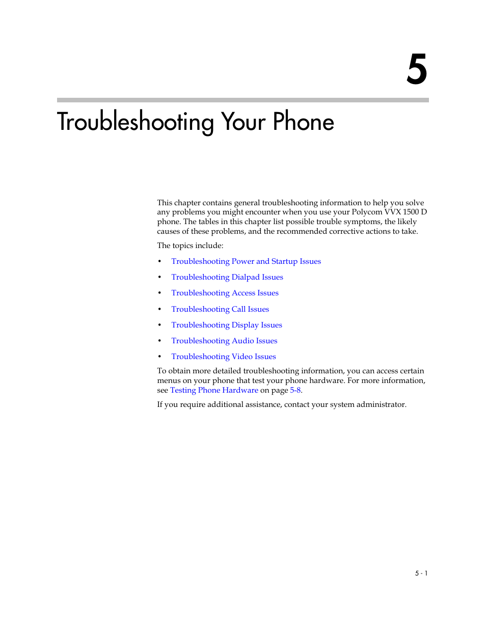 Troubleshooting your phone, 5 troubleshooting your phone -1 | Polycom VVX 1500 D User Manual | Page 191 / 210