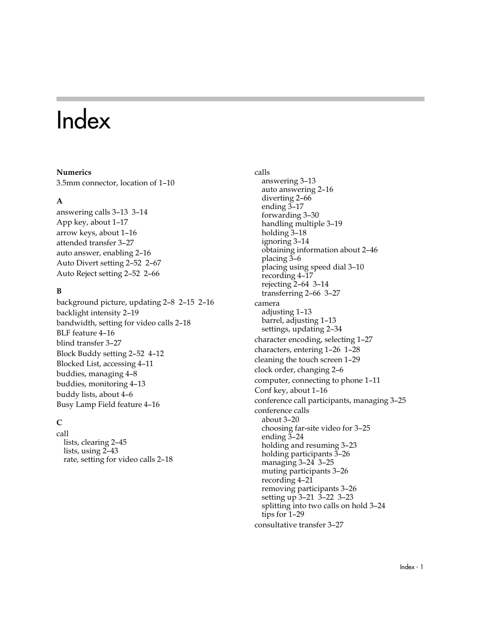 Index | Polycom VVX 1500 D User Manual | Page 203 / 210