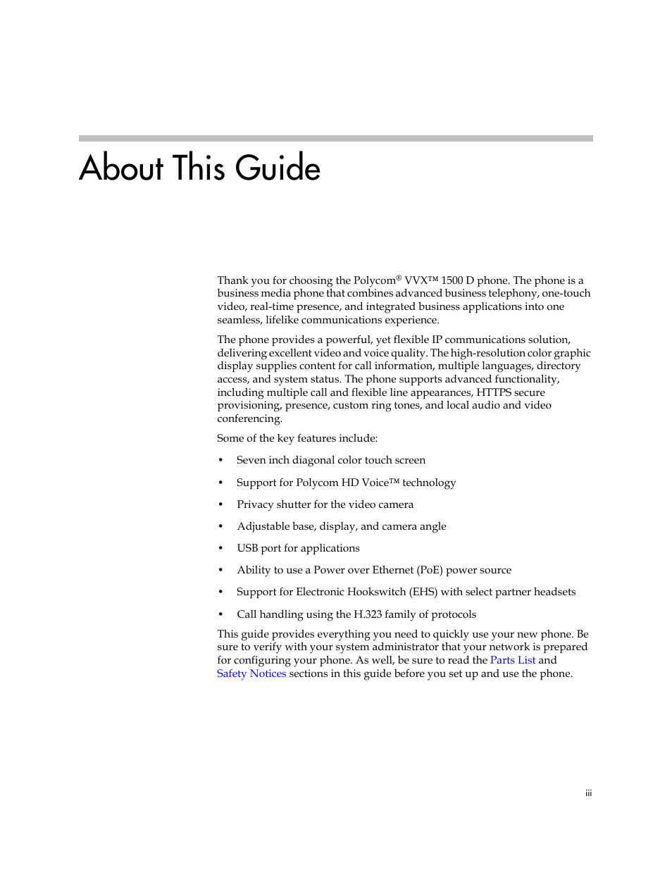 About this guide | Polycom VVX 1500 D User Manual | Page 3 / 210