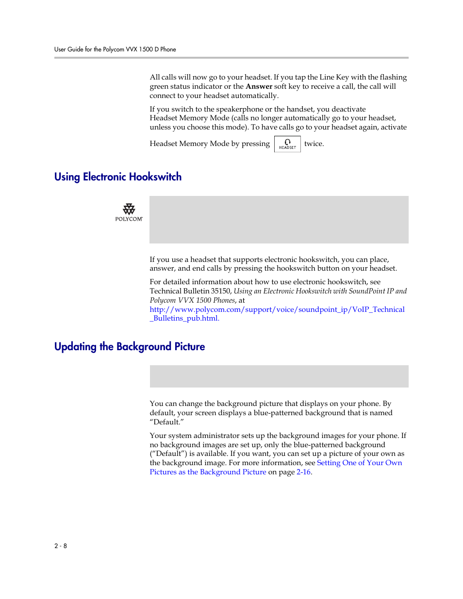 Using electronic hookswitch, Updating the background picture | Polycom VVX 1500 D User Manual | Page 46 / 210