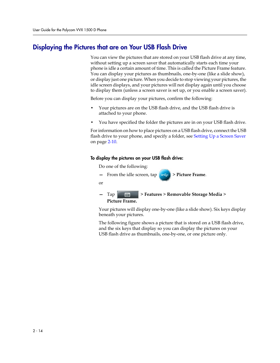 Displaying, The pictures that are on your usb flash drive | Polycom VVX 1500 D User Manual | Page 52 / 210