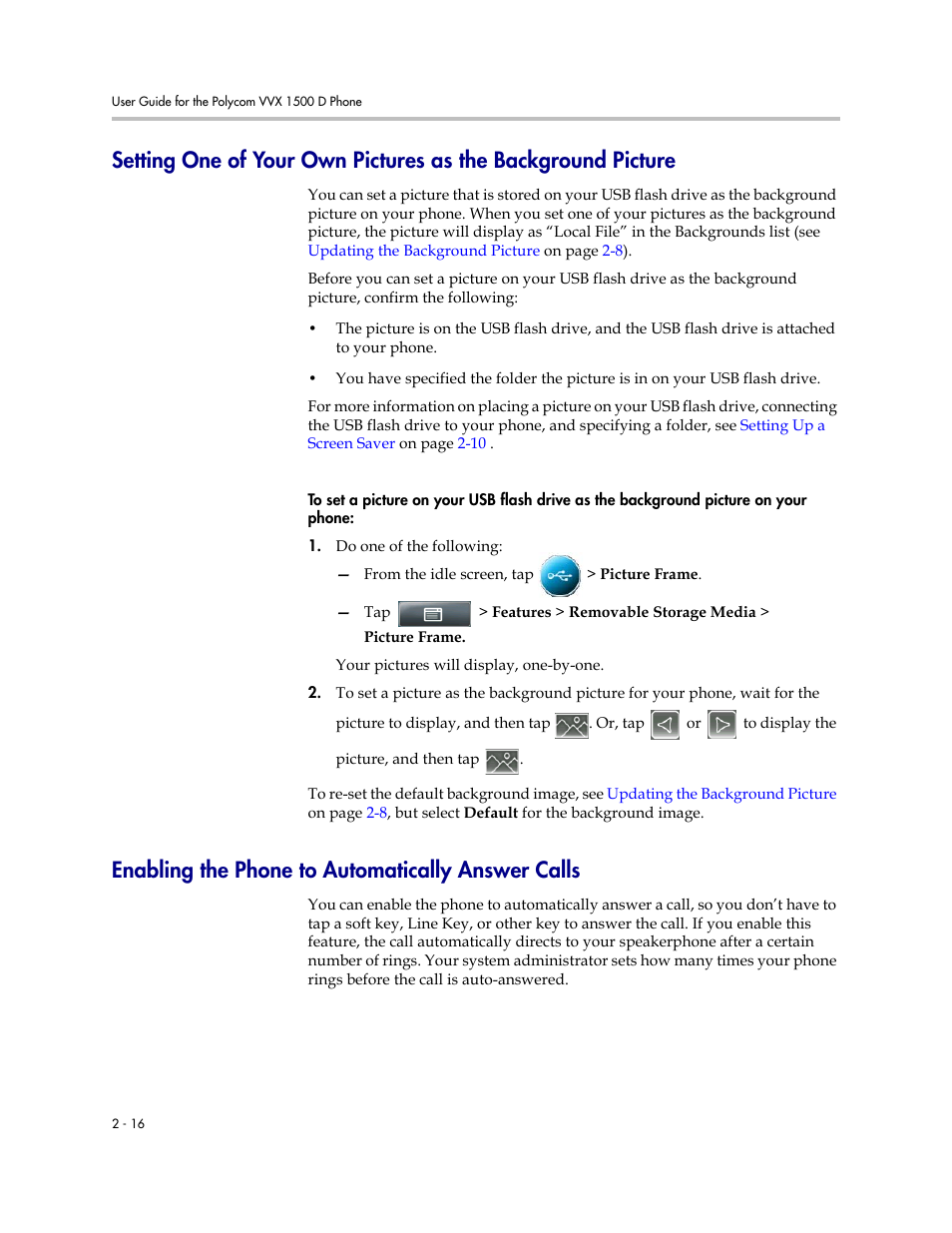 Enabling the phone to automatically answer calls, Setting one of your own, Pictures as the background picture | Setting one of your own pictures as the, Background picture | Polycom VVX 1500 D User Manual | Page 54 / 210