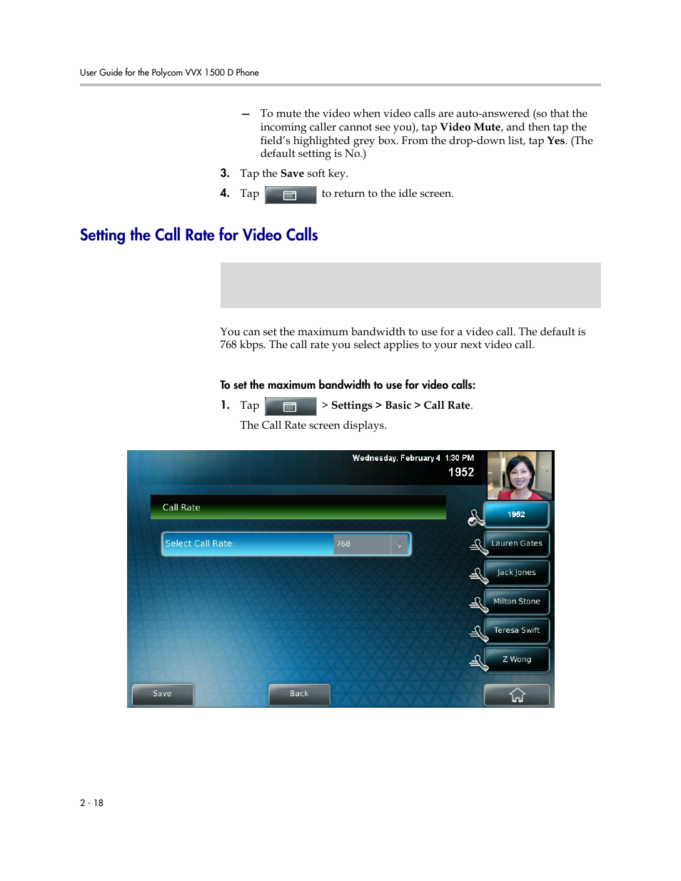 Setting the call rate for video calls, Setting the call rate for video calls -18 | Polycom VVX 1500 D User Manual | Page 56 / 210