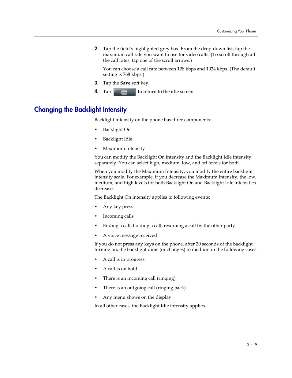 Changing the backlight intensity, Changing the backlight intensity -19 | Polycom VVX 1500 D User Manual | Page 57 / 210