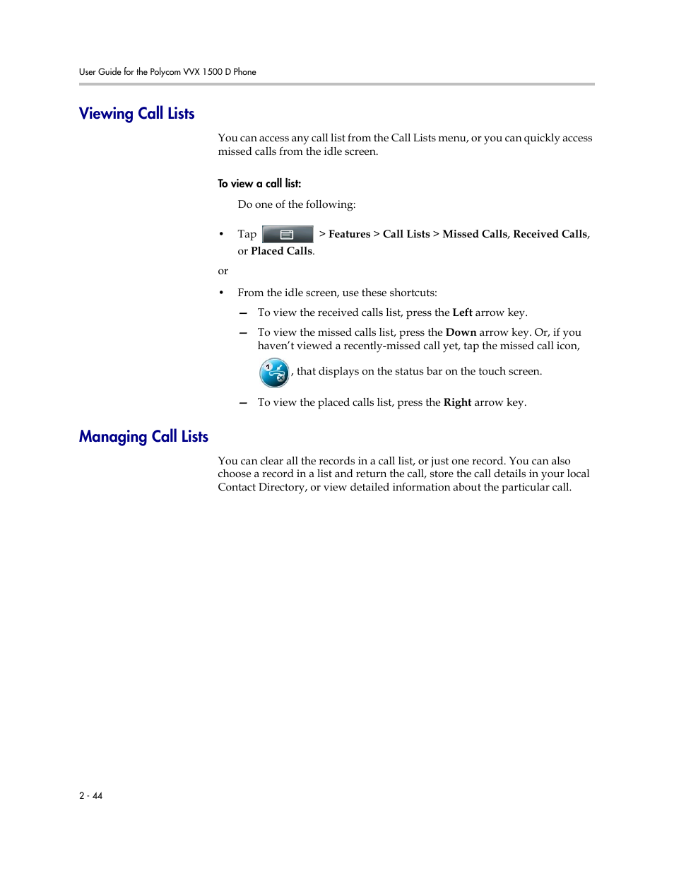 Viewing call lists, Managing call lists, Viewing call lists -44 managing call lists -44 | Polycom VVX 1500 D User Manual | Page 82 / 210