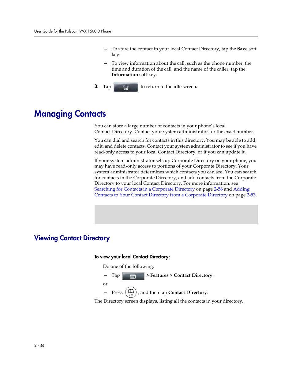 Managing contacts, Viewing contact directory, Managing contacts -46 | Viewing contact directory -46 | Polycom VVX 1500 D User Manual | Page 84 / 210