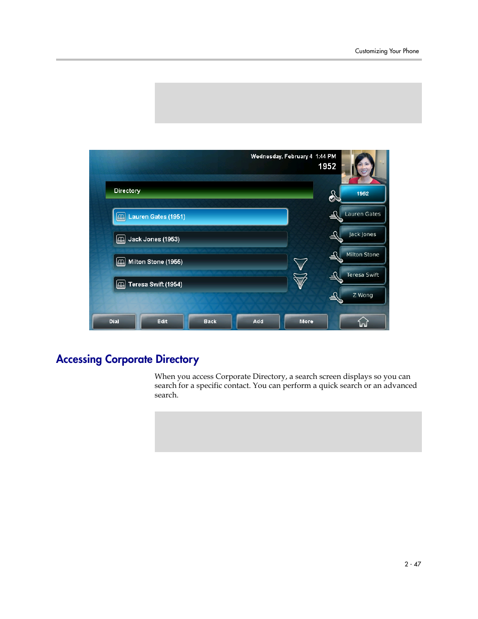 Accessing corporate directory, Accessing corporate directory -47 | Polycom VVX 1500 D User Manual | Page 85 / 210