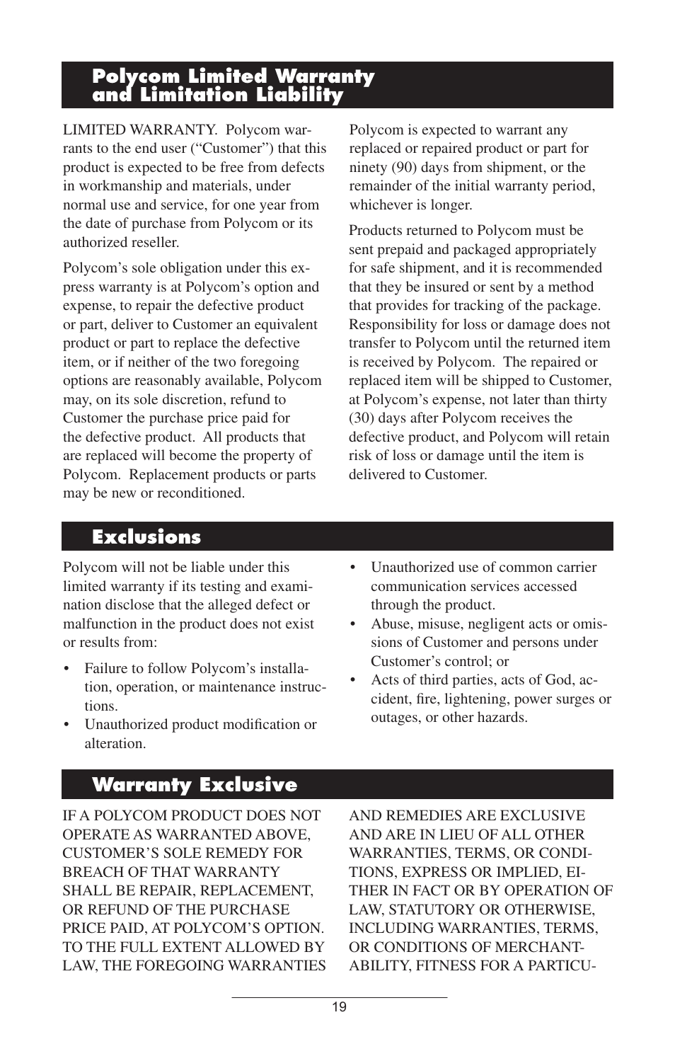 Polycom.limited.warranty. and.limitation.liability, Exclusions warranty.exclusive | Polycom SoundStation IP 4000 SIP User Manual | Page 22 / 25