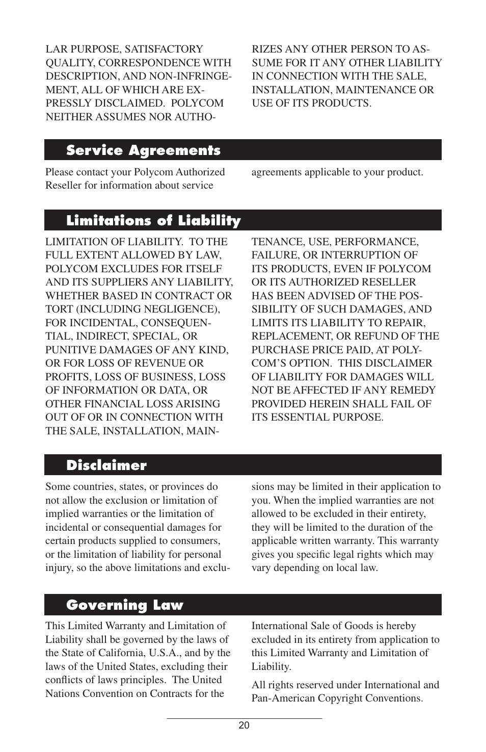 Service.agreements limitations.of.liability, Disclaimer governing.law | Polycom SoundStation IP 4000 SIP User Manual | Page 23 / 25