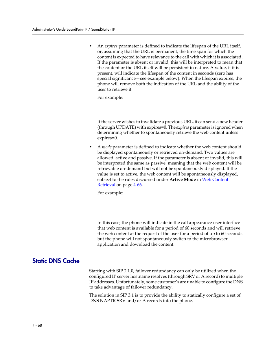 Static dns cache, Static dns cache –68 | Polycom SIP 3.1 User Manual | Page 122 / 347