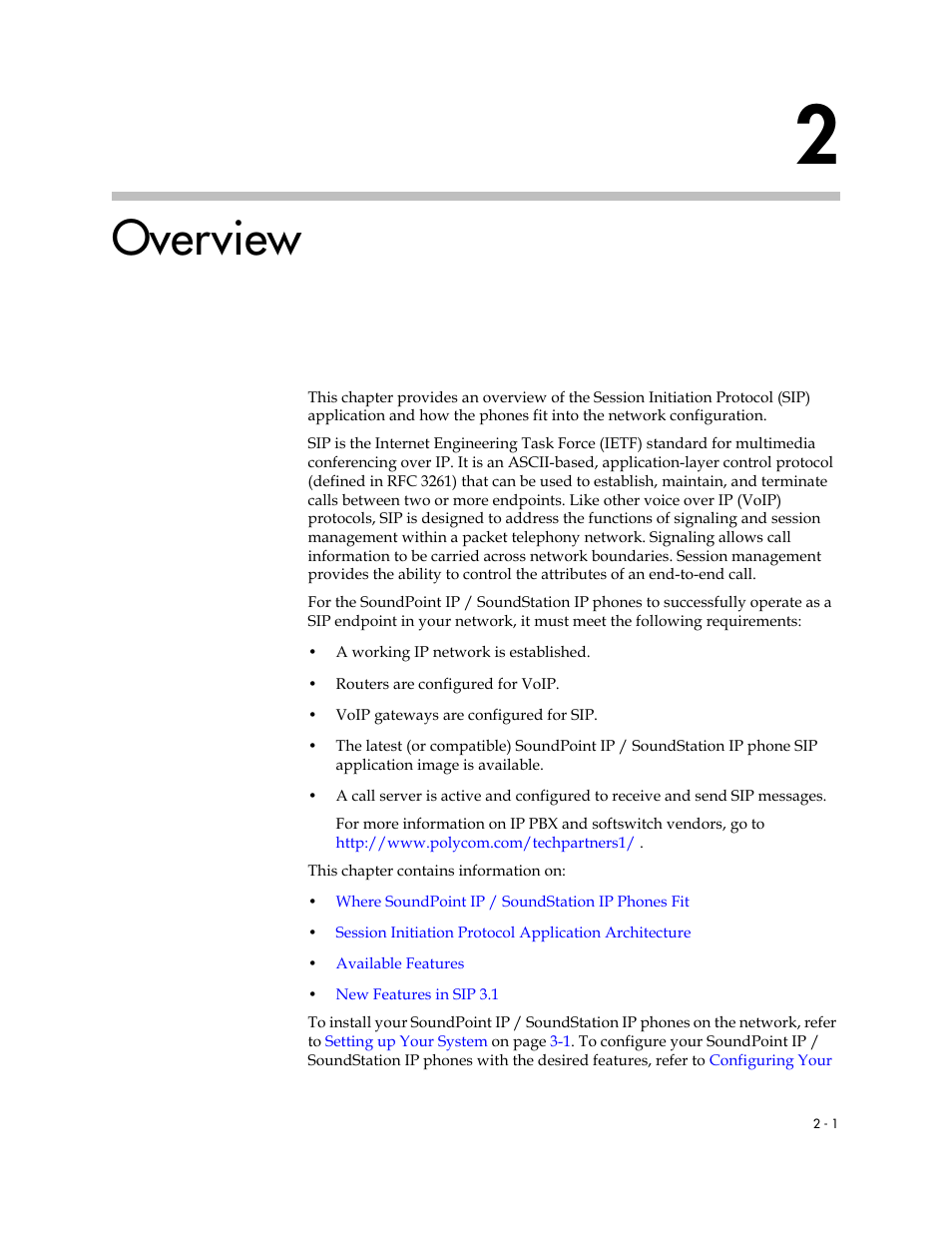 Overview, 2 overview –1 | Polycom SIP 3.1 User Manual | Page 19 / 347