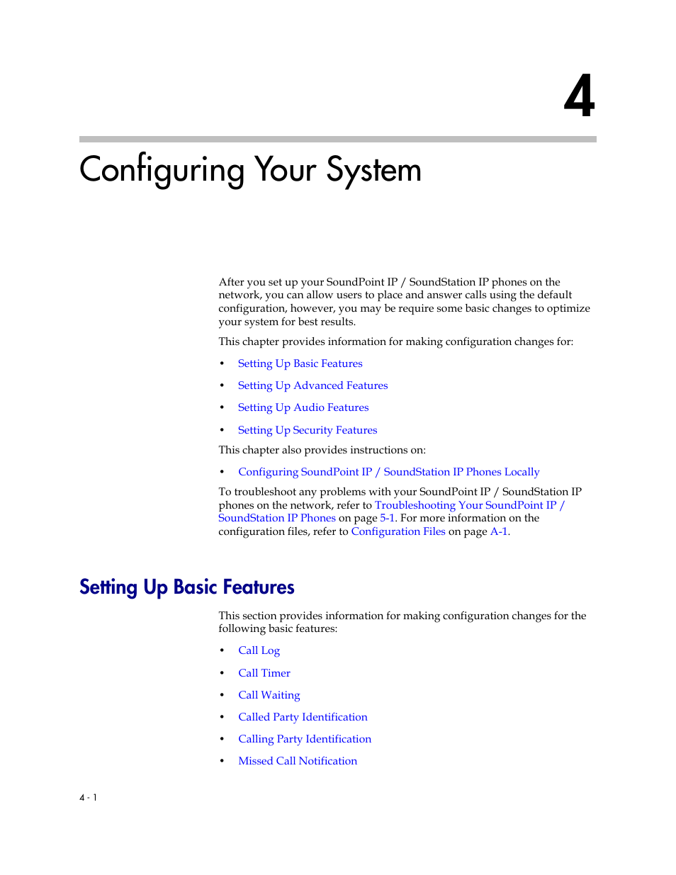 Configuring your system, Setting up basic features, 4 configuring your system –1 | Setting up basic features –1, Configuring your, System, Refer to, For more information on the configuration files re | Polycom SIP 3.1 User Manual | Page 55 / 347