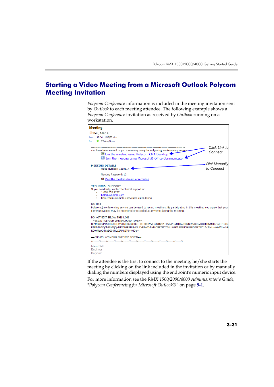 Starting a video meeting from a microsoft outlook, Polycom meeting invitation -31 | Polycom RMX DOC2560B User Manual | Page 109 / 188