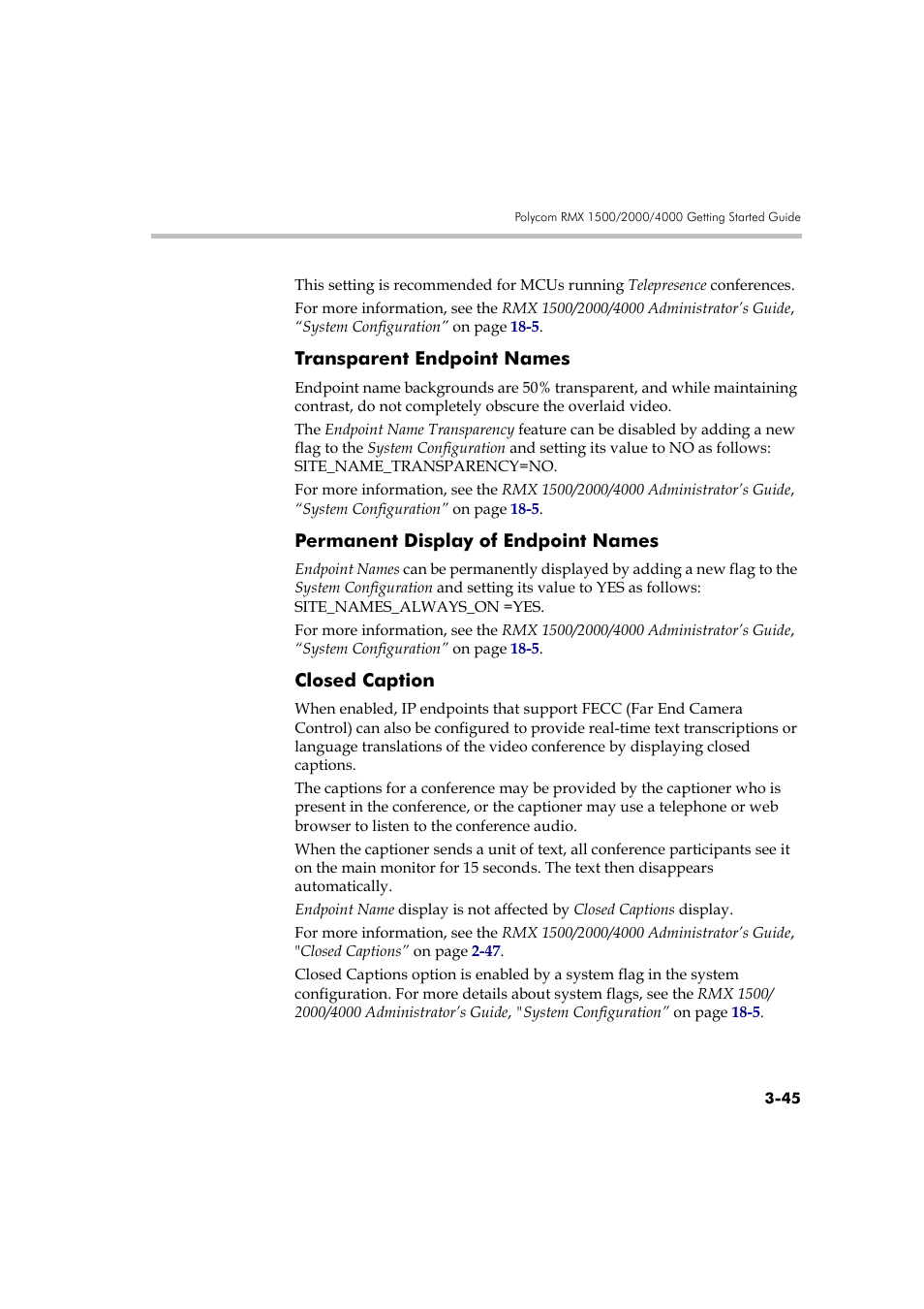 Transparent endpoint names, Permanent display of endpoint names, Closed caption | Polycom RMX DOC2560B User Manual | Page 123 / 188