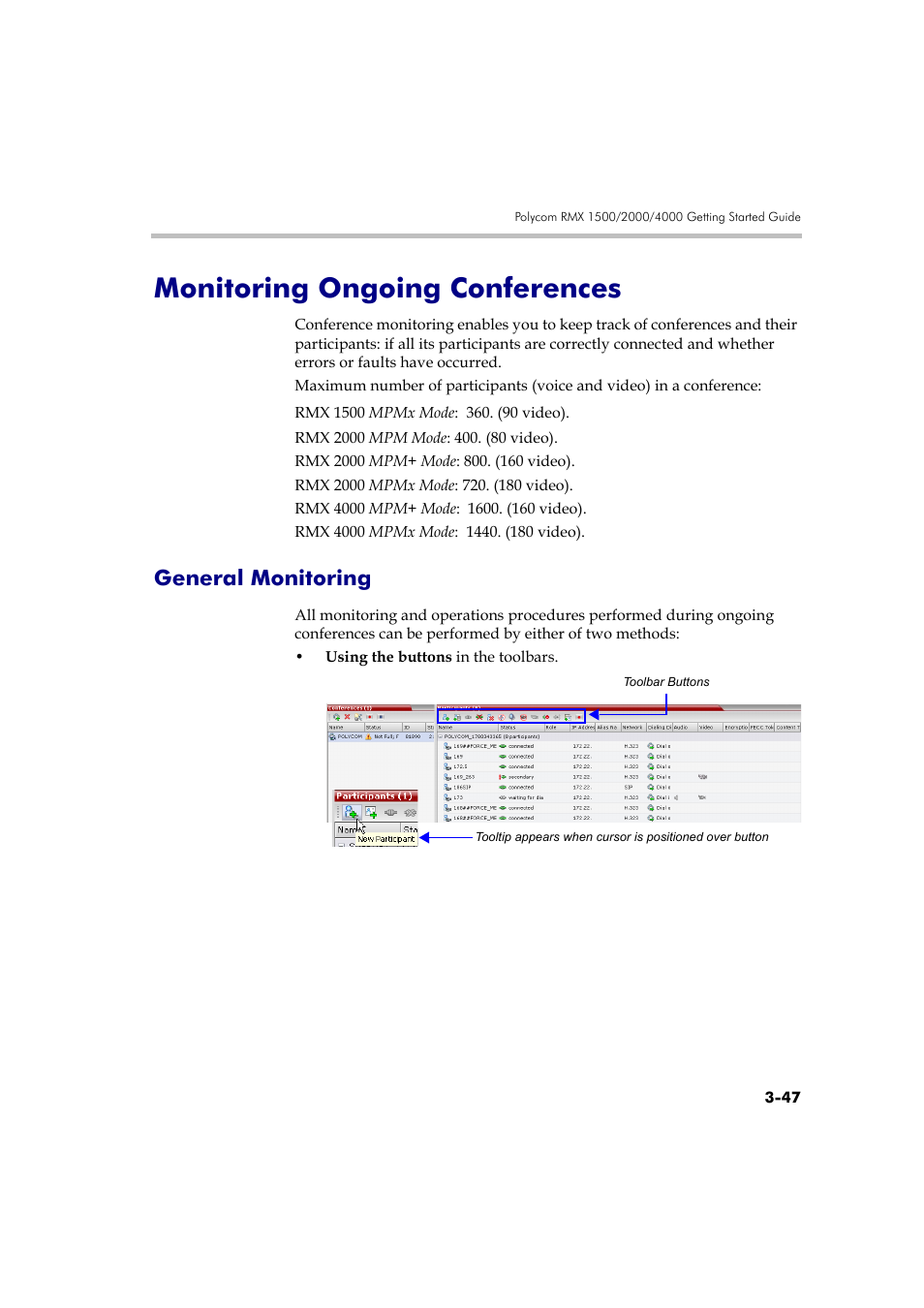 Monitoring ongoing conferences, General monitoring, Monitoring ongoing conferences -47 | General monitoring -47 | Polycom RMX DOC2560B User Manual | Page 125 / 188