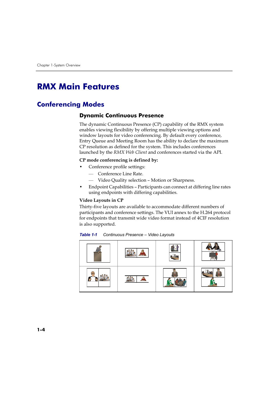 Rmx main features, Conferencing modes, Dynamic continuous presence | Rmx main features -4, Conferencing modes -4, Dynamic continuous presence -4 | Polycom RMX DOC2560B User Manual | Page 14 / 188