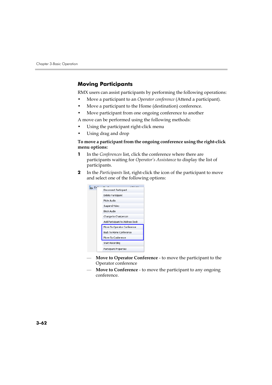 Moving participants, Moving participants -62 | Polycom RMX DOC2560B User Manual | Page 140 / 188