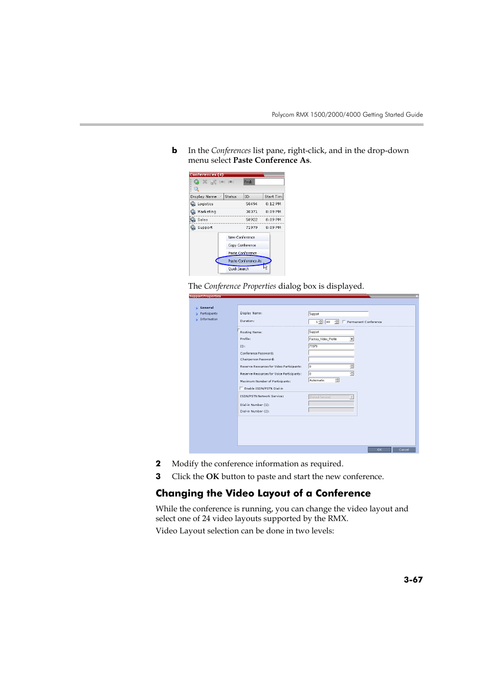 Changing the video layout of a conference, Changing the video layout of a conference -67 | Polycom RMX DOC2560B User Manual | Page 145 / 188