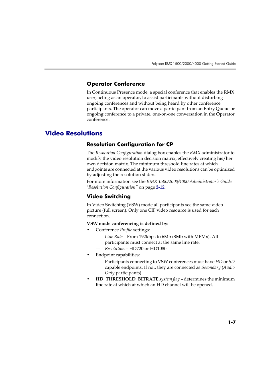 Operator conference, Video resolutions, Resolution configuration for cp | Video switching, Operator conference -7, Video resolutions -7 | Polycom RMX DOC2560B User Manual | Page 17 / 188