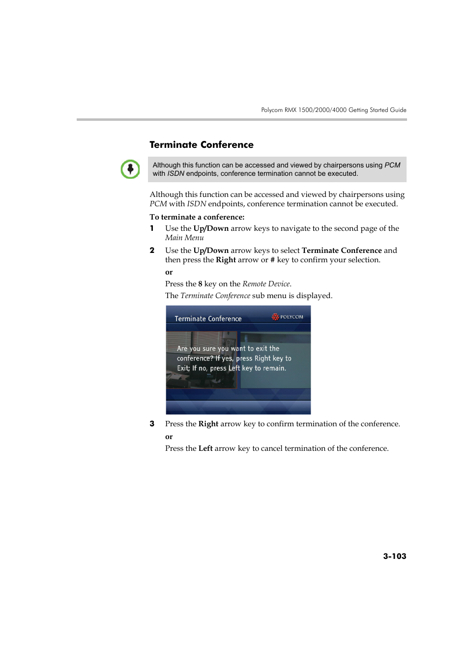 Terminate conference, Terminate conference -103 | Polycom RMX DOC2560B User Manual | Page 181 / 188