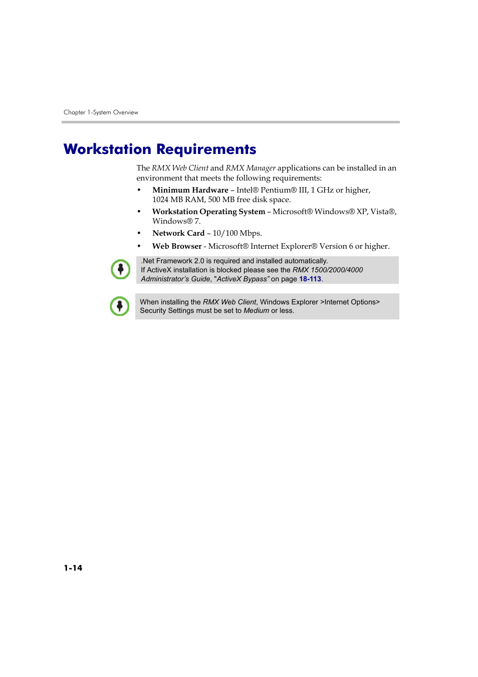 Workstation requirements, Workstation requirements -14 | Polycom RMX DOC2560B User Manual | Page 24 / 188