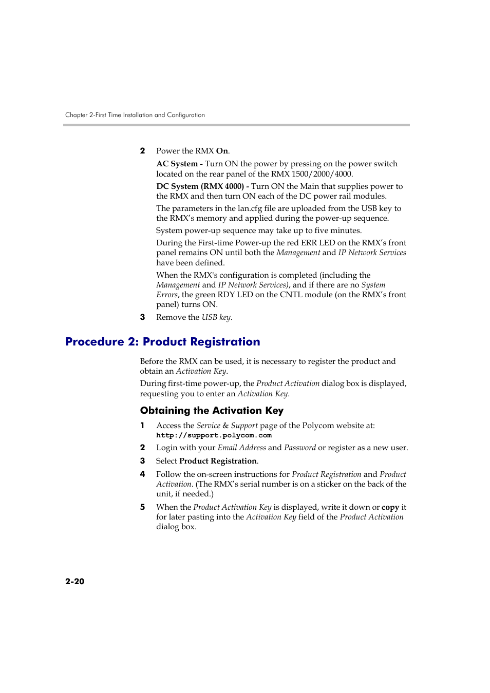 Procedure 2: product registration, Obtaining the activation key, Procedure 2: product registration -20 | Obtaining the activation key -20 | Polycom RMX DOC2560B User Manual | Page 52 / 188