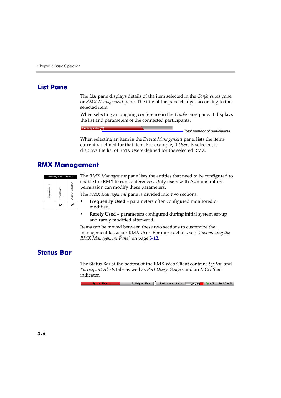 List pane, Rmx management, Status bar | List pane -6 rmx management -6 status bar -6 | Polycom RMX DOC2560B User Manual | Page 84 / 188