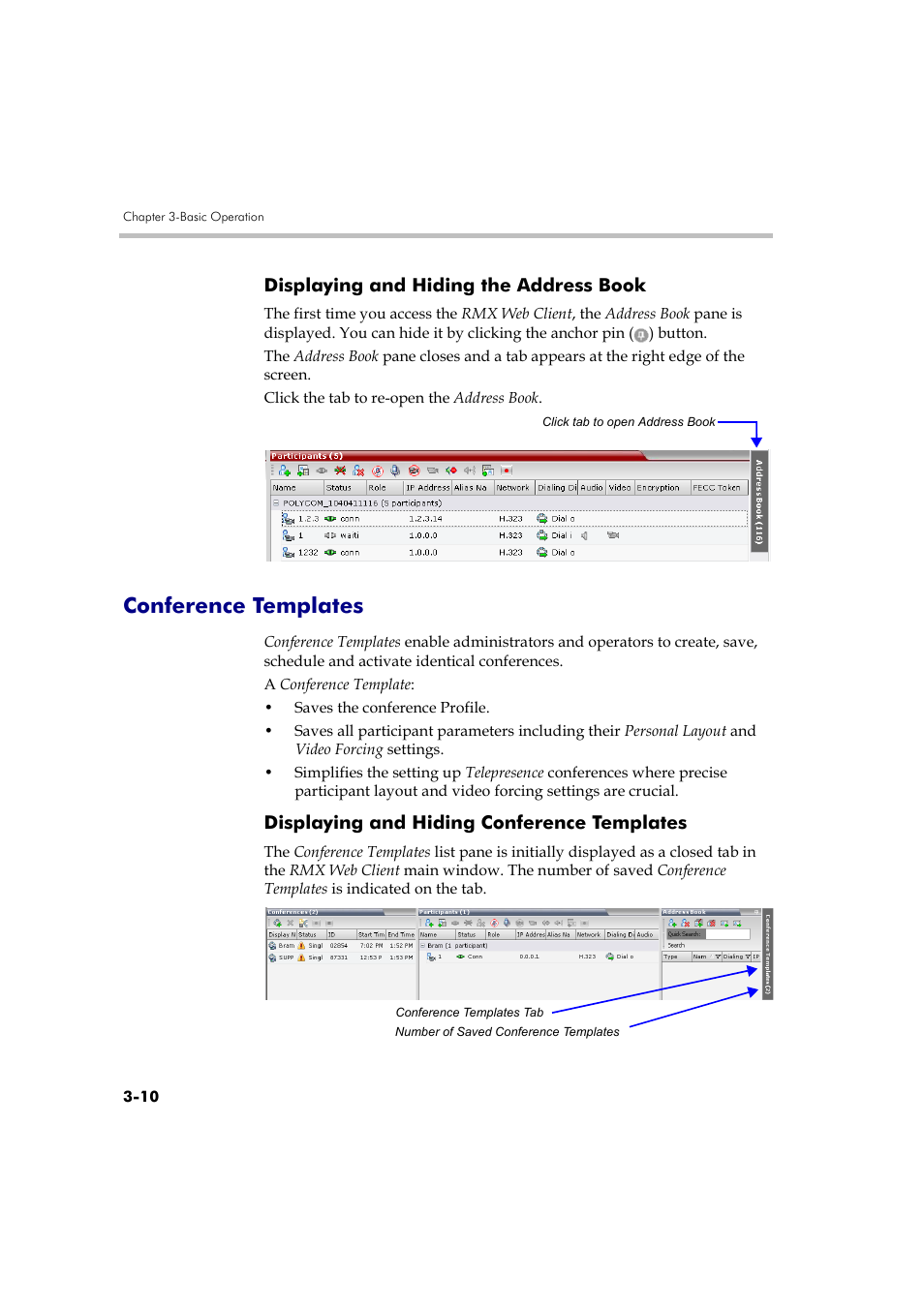 Displaying and hiding the address book, Conference templates, Displaying and hiding conference templates | Displaying and hiding the address book -10, Conference templates -10, Displaying and hiding conference templates -10 | Polycom RMX DOC2560B User Manual | Page 88 / 188