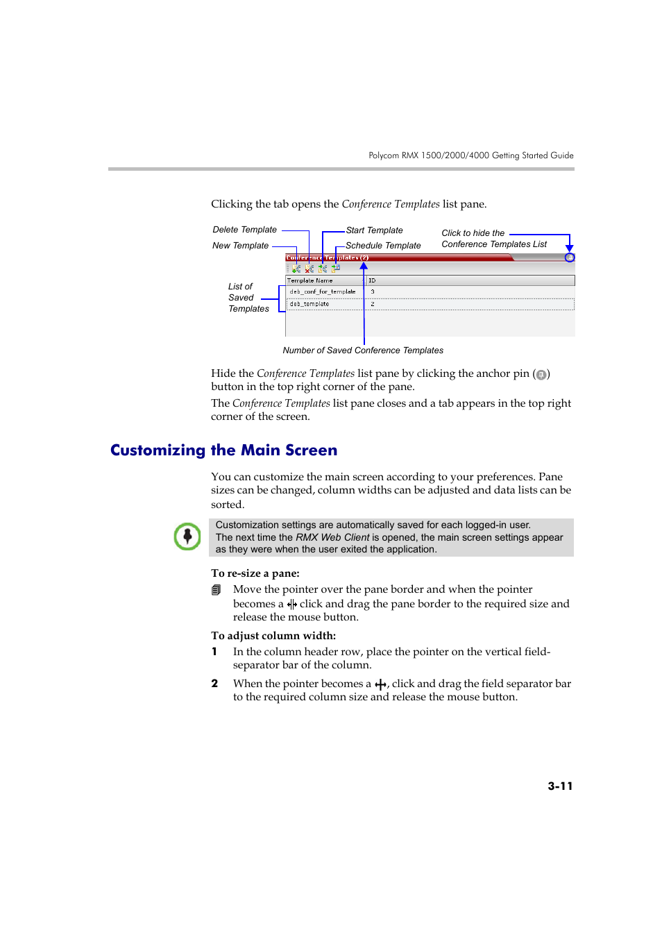 Customizing the main screen, Customizing the main screen -11 | Polycom RMX DOC2560B User Manual | Page 89 / 188