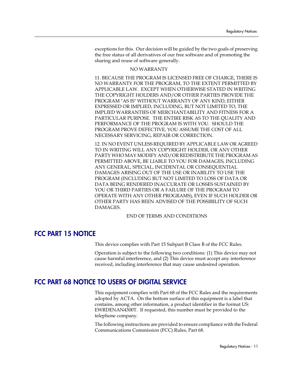 Fcc part 15 notice, Fcc part 68 notice to users of digital service, Notices–11 | Polycom 4300T User Manual | Page 115 / 118