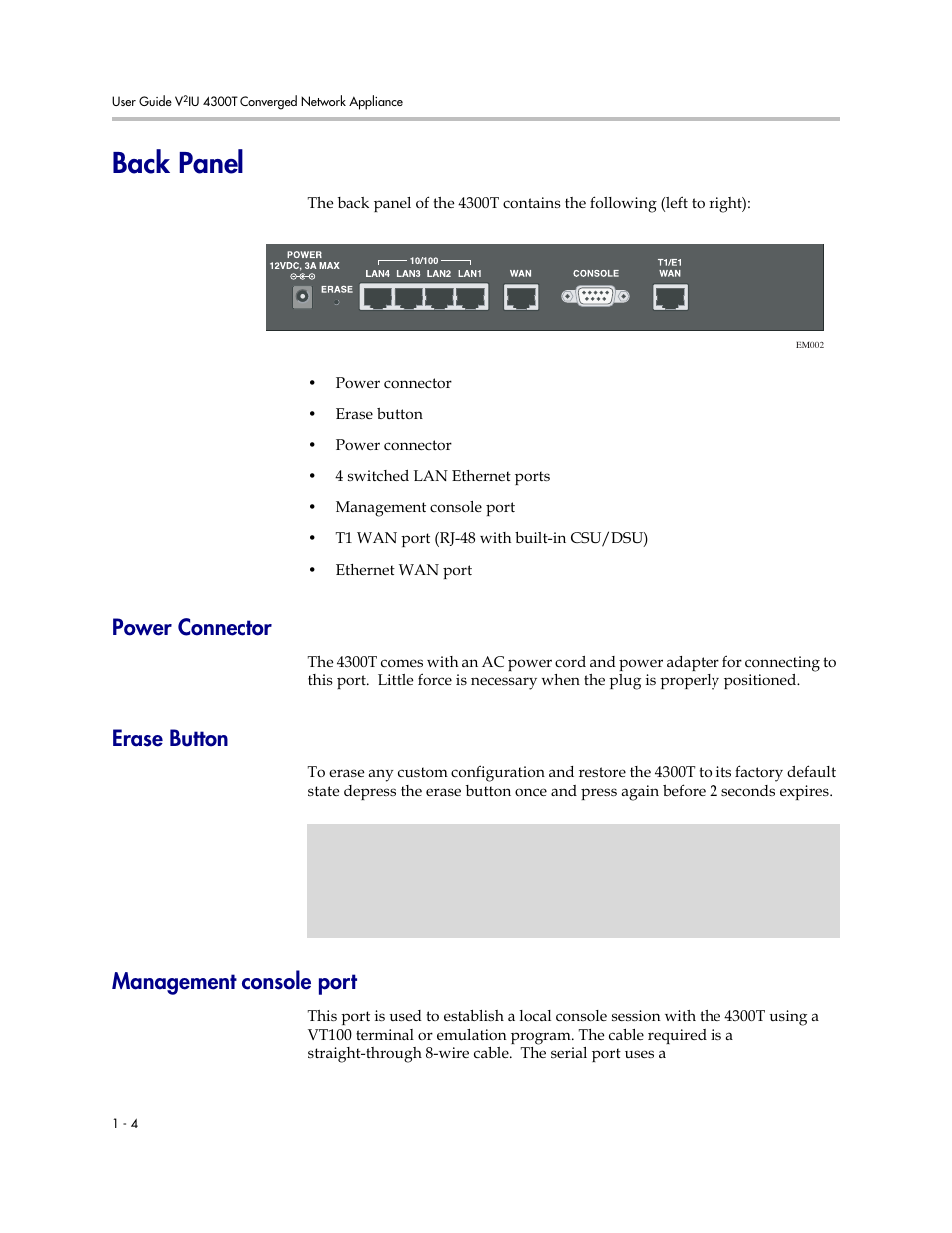 Back panel, Power connector, Erase button | Management console port, Back panel –4 | Polycom 4300T User Manual | Page 12 / 118