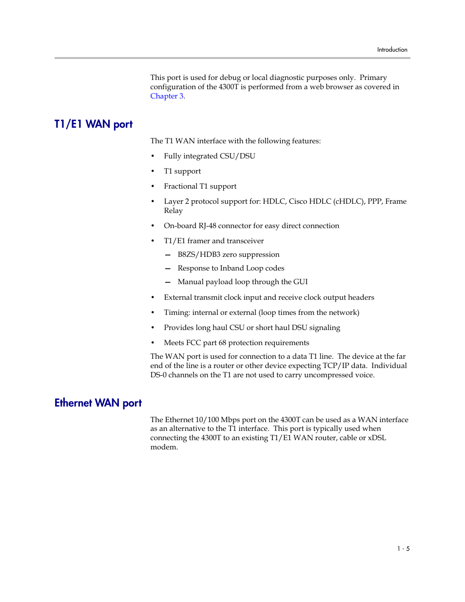 T1/e1 wan port, Ethernet wan port, T1/e1 wan port –5 ethernet wan port –5 | Polycom 4300T User Manual | Page 13 / 118