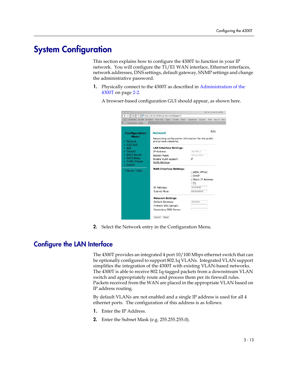 System configuration, Configure the lan interface, System configuration –13 | Configure the lan interface –13 | Polycom 4300T User Manual | Page 31 / 118