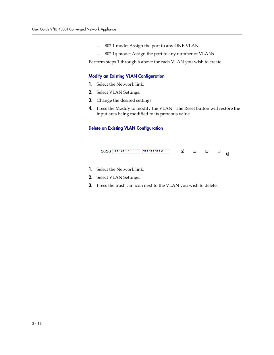 Modify an existing vlan configuration, Delete an existing vlan configuration | Polycom 4300T User Manual | Page 34 / 118