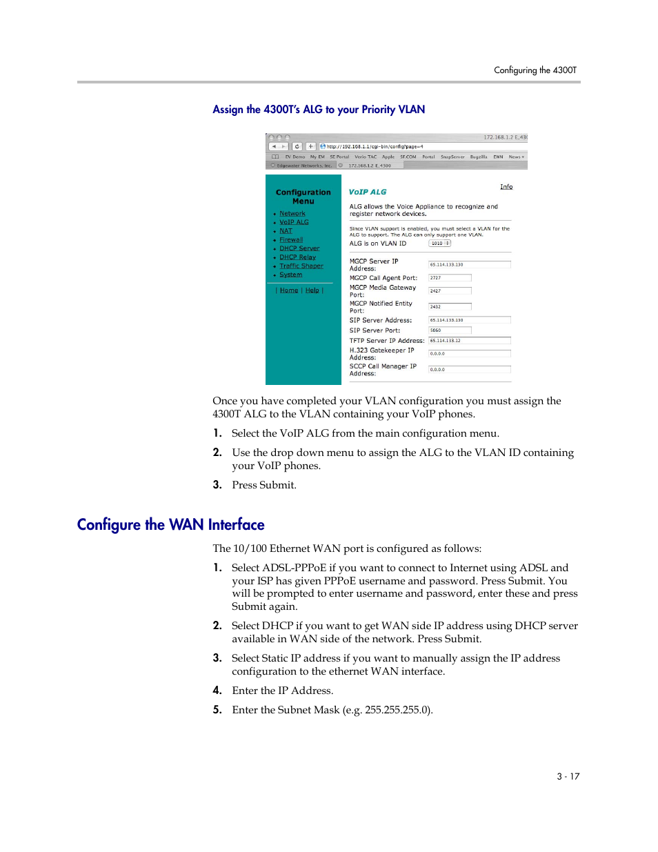 Assign the 4300t’s alg to your priority vlan, Configure the wan interface, Assign the 4300t’s alg to your priority vlan –17 | Configure the wan interface –17 | Polycom 4300T User Manual | Page 35 / 118