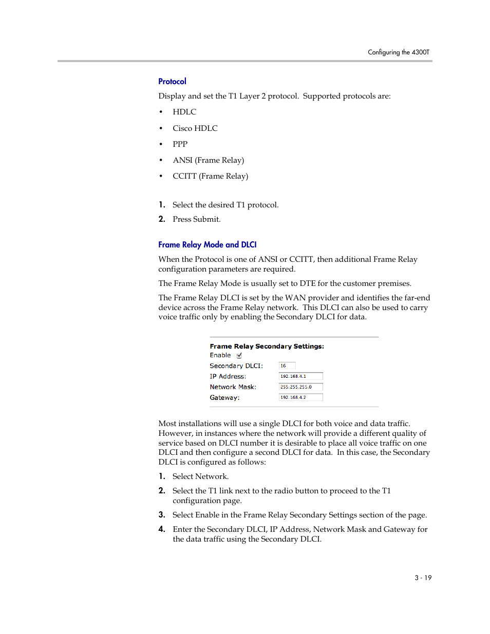 Protocol, Frame relay mode and dlci, Protocol –19 frame relay mode and dlci –19 | Polycom 4300T User Manual | Page 37 / 118