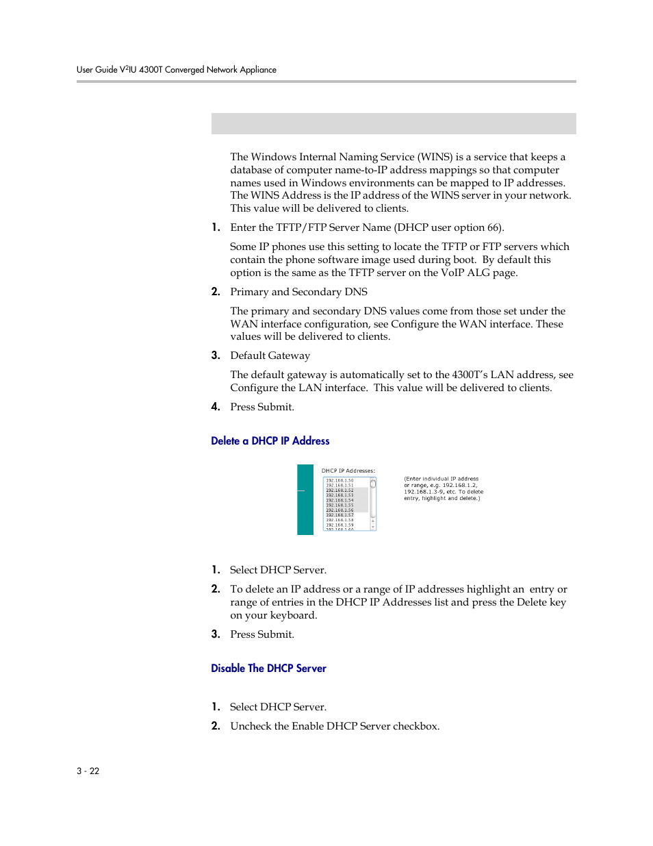 Delete a dhcp ip address, Disable the dhcp server | Polycom 4300T User Manual | Page 40 / 118