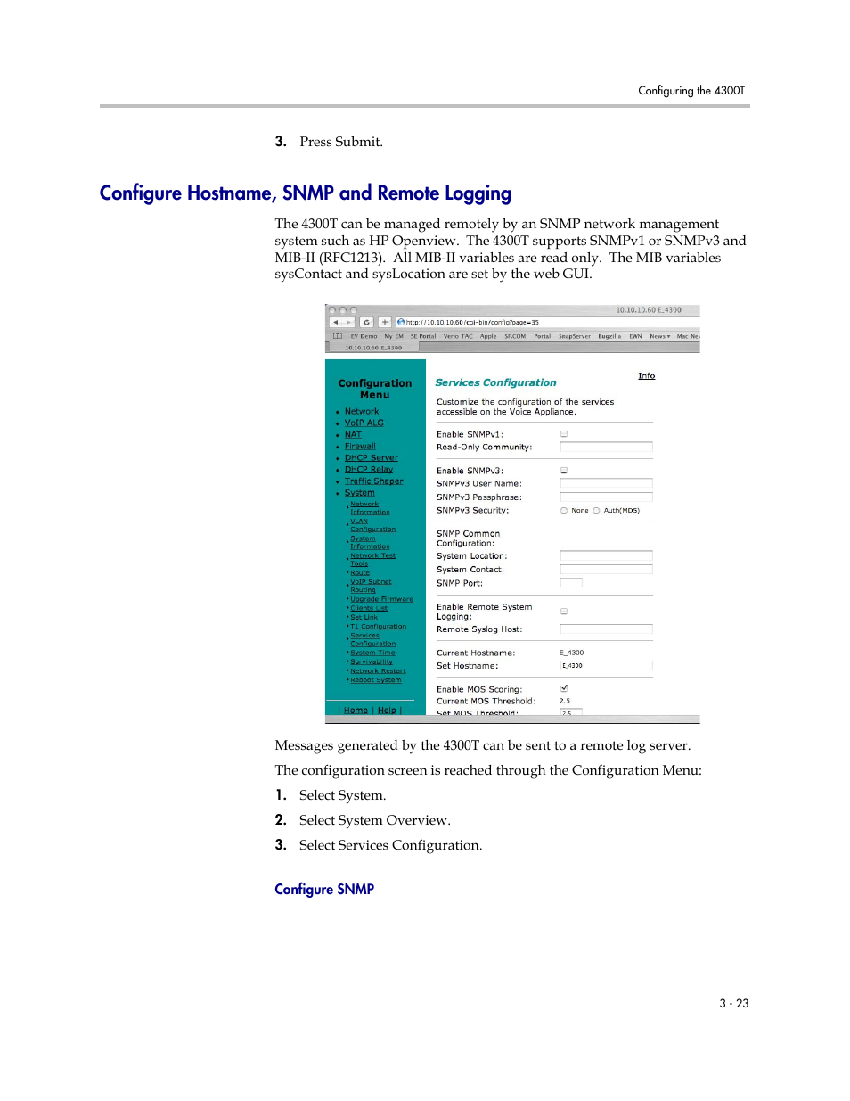Configure hostname, snmp and remote logging, Configure snmp, Configure hostname, snmp and remote logging –23 | Configure snmp –23 | Polycom 4300T User Manual | Page 41 / 118