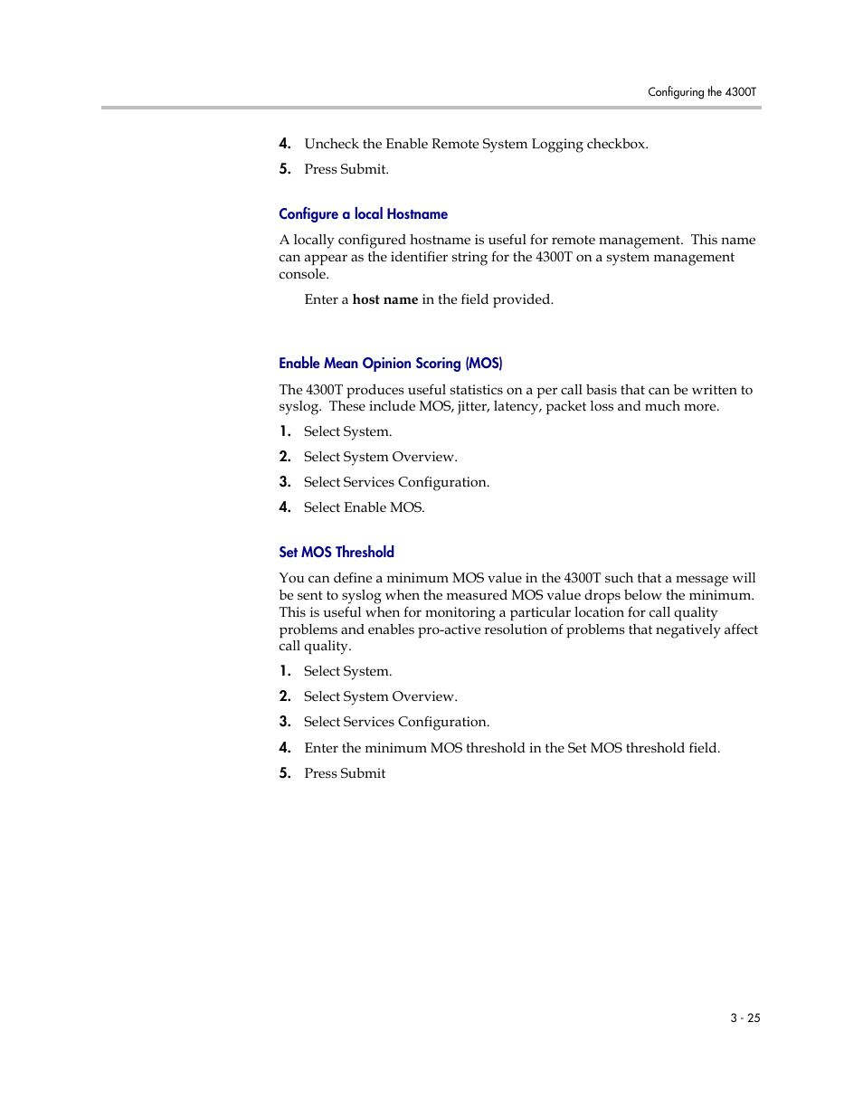 Configure a local hostname, Enable mean opinion scoring (mos), Set mos threshold | Polycom 4300T User Manual | Page 43 / 118