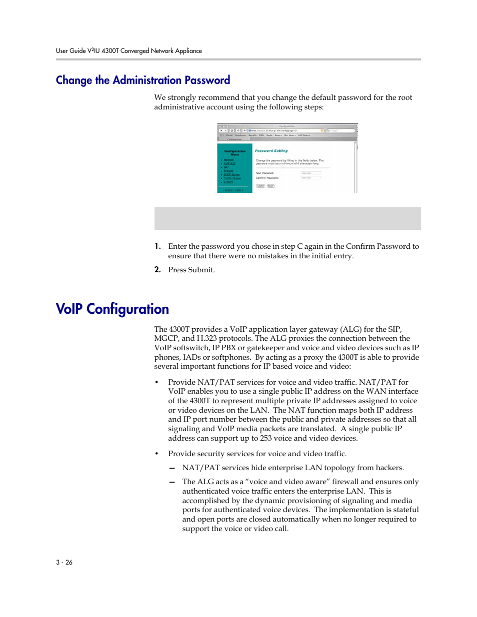 Change the administration password, Voip configuration, Change the administration password –26 | Voip configuration –26 | Polycom 4300T User Manual | Page 44 / 118